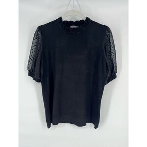 Adriana Papell Swiss Dot Sheer Sleeve Ruffle Neck Black Sweater Top Size Medium